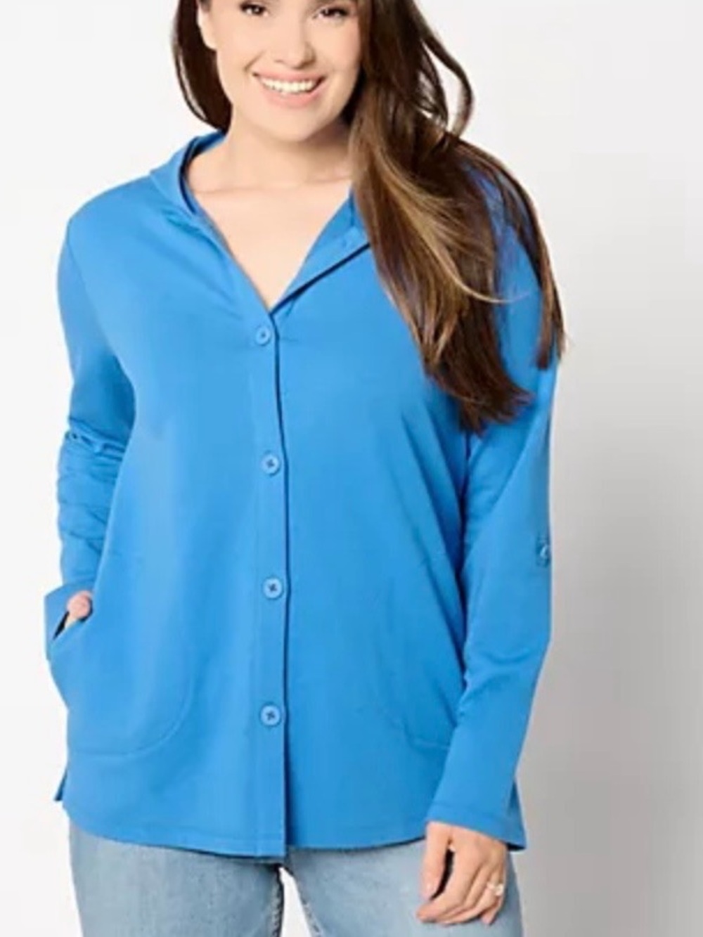 Denim & Co Beach Plus French Terry Roll Tab Sleeve Hooded Jacket Indigo Sea 2X